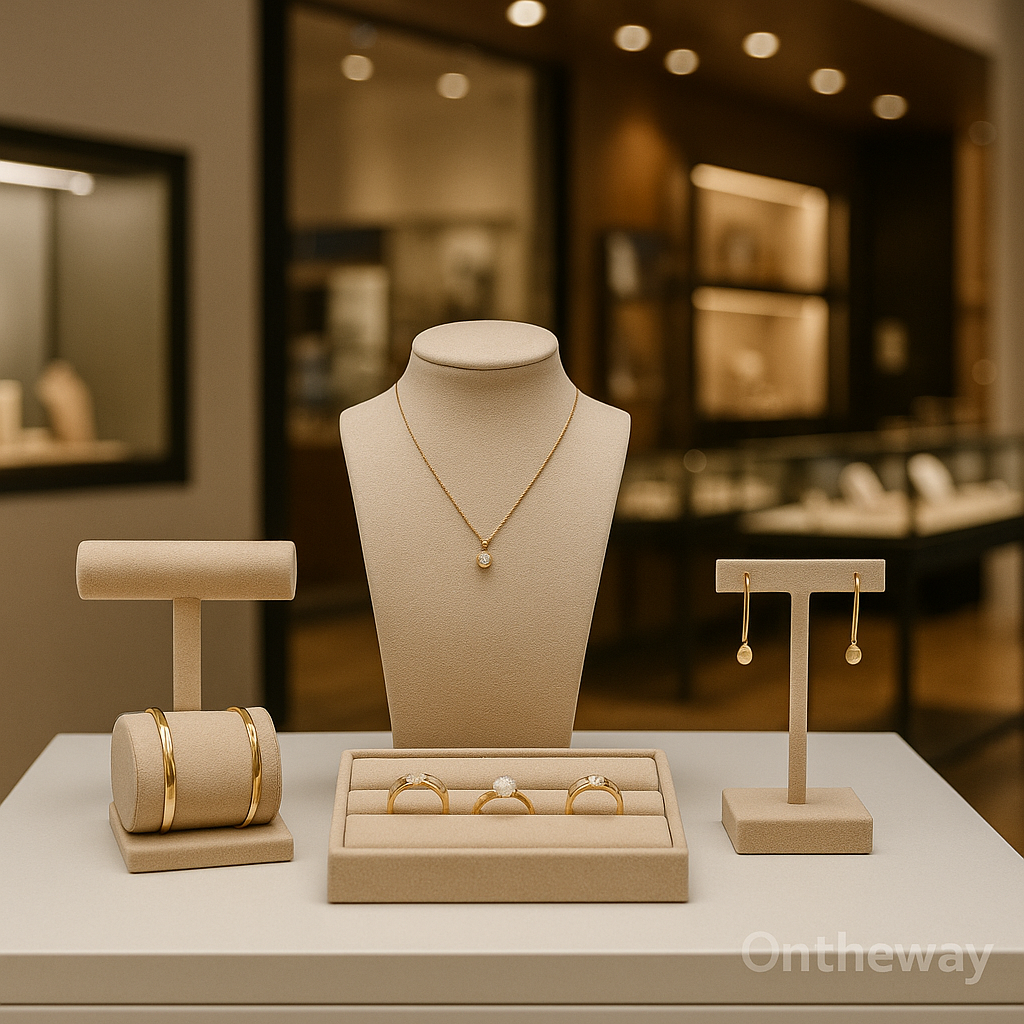 A boutique jewelry store interior showing beige necklace, ring, bracelet, and earring display stands arranged symmetrically on a light counter under warm lighting, with an Ontheway watermark, demonstrating elegant jewelry presentation ideas.