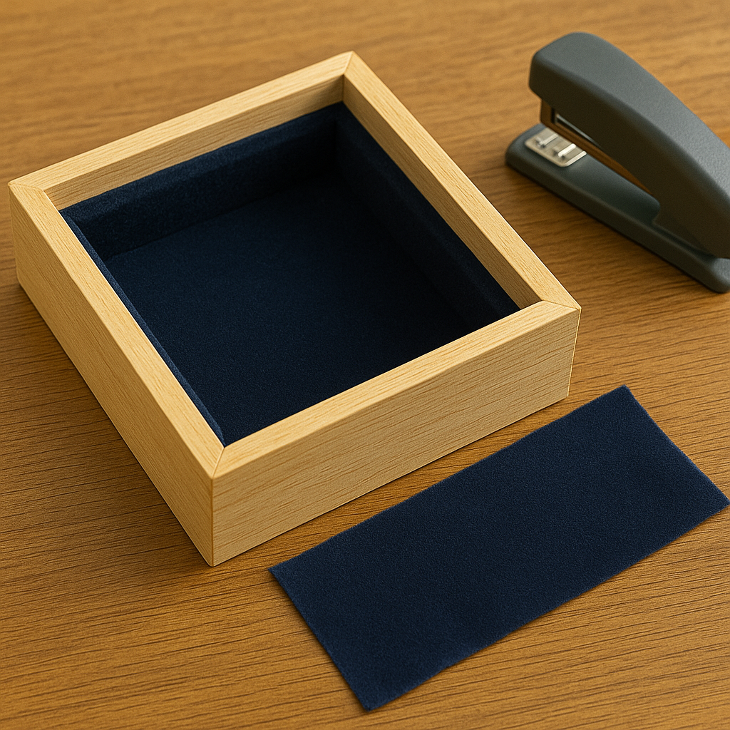 A factory worker inspecting a wooden jewelry box lined with navy velvet under bright workshop lighting, with finished boxes arranged on a table in a professional environment featuring a subtle Ontheway watermark.