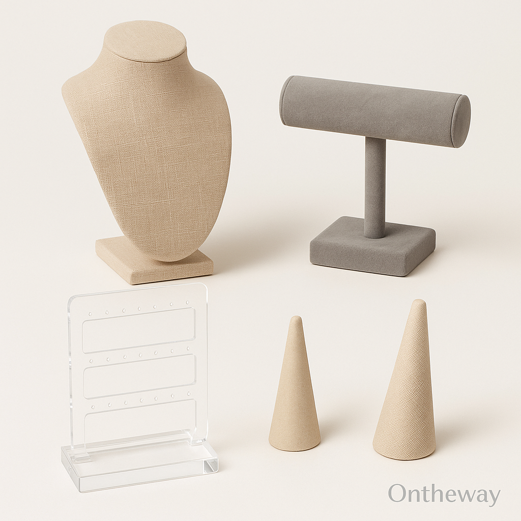 A digital photograph showcases four stand jewelry displays arranged in a neat layout, including a beige linen necklace bust, a gray velvet bracelet T-bar, a clear acrylic earring holder, and two beige linen ring cones, all placed against a soft neutral background with a subtle Ontheway watermark.