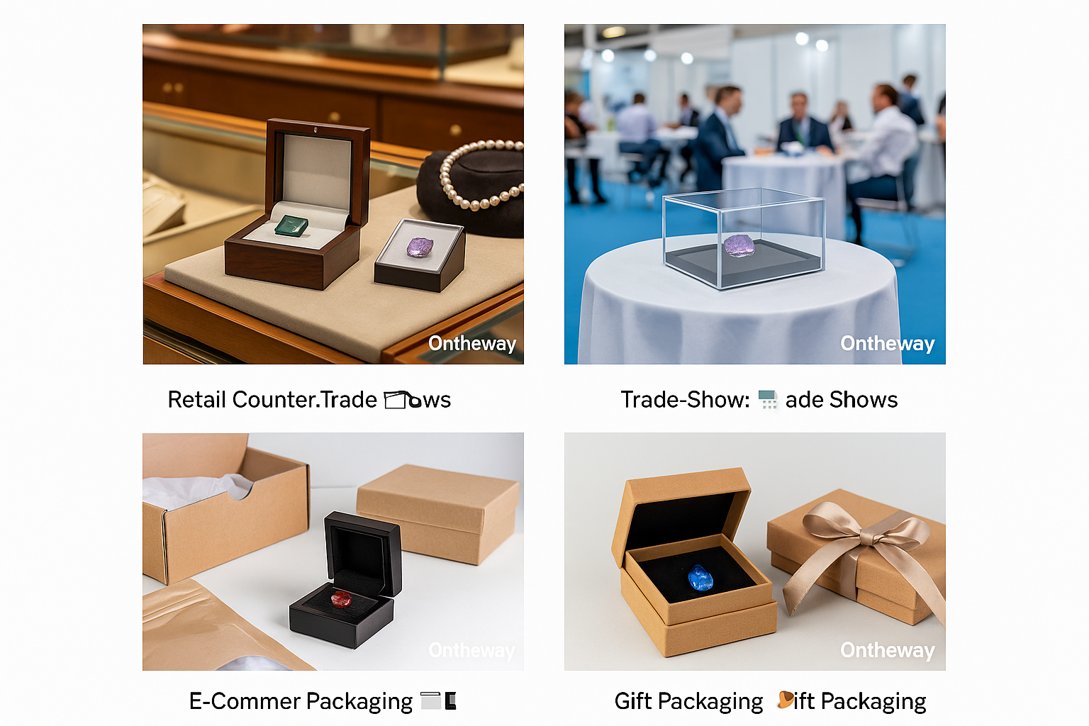 A collage showing different applications of gemstone display boxes, including retail counters, trade shows, e-commerce packaging, and gift boxes, demonstrating global market trends and usage scenarios with the Ontheway watermark.