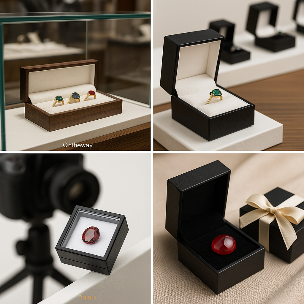 A collage showing gemstone jewelry display boxes used in different settings including retail counters, trade shows, e-commerce photography, and luxury gift packaging, highlighting modern global display trends with the Ontheway watermark.
