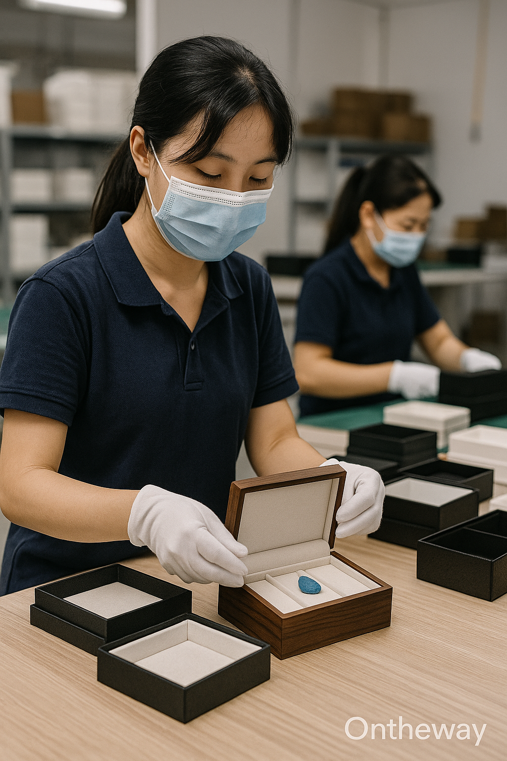 Two Ontheway factory workers wearing gloves and masks carefully assembling gemstone display boxes on a clean production line, showing the bulk manufacturing process and quality craftsmanship.