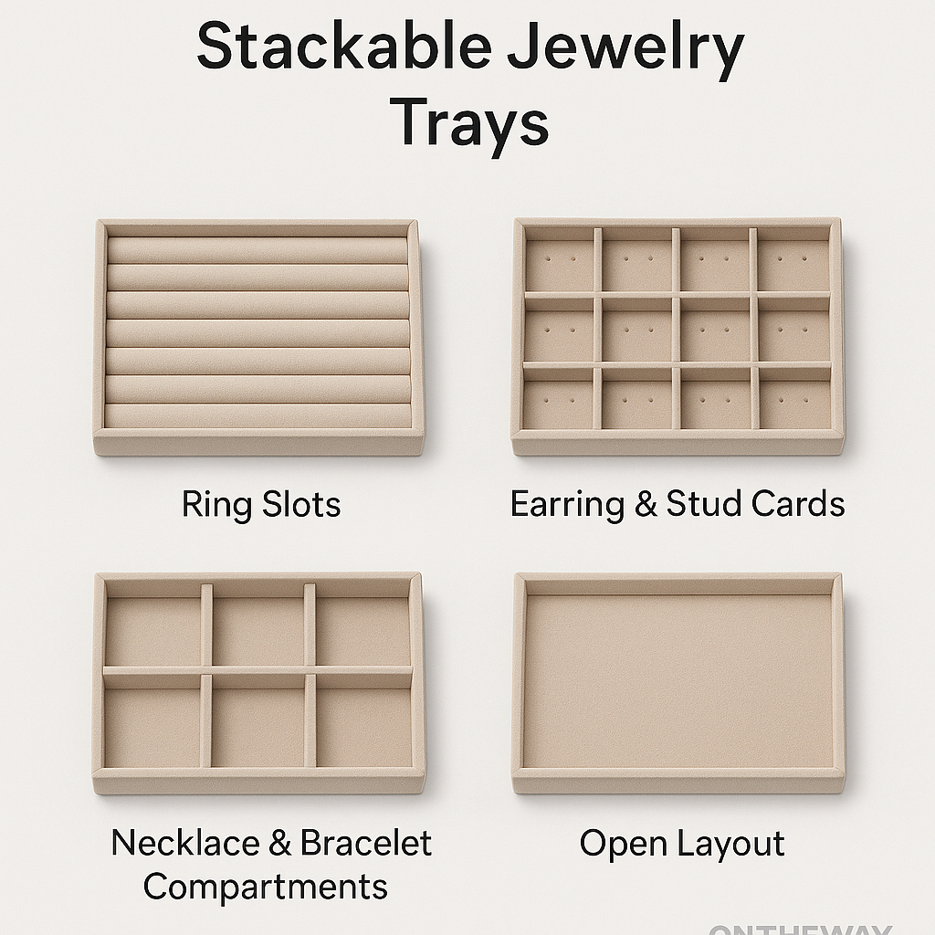 A clean infographic displaying four insert options for stackable jewelry trays, including ring slots, earring and stud card sections, necklace and bracelet compartments, and an open flat layout. Each tray features a beige velvet-like texture with a subtle ONTHEWAY watermark, providing wholesalers and trade show exhibitors with versatile organization choices.