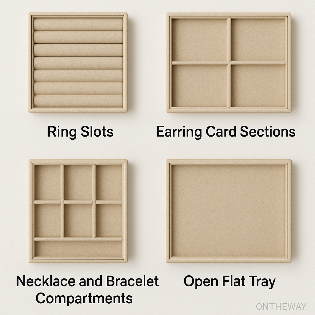 A top-view display of four custom size jewelry tray insert options in beige velvet texture, including ring slots, earring card sections, necklace and bracelet compartments, and an open flat tray. Each layout highlights different organizational functions for retailers, wholesalers, and exhibition use, with a subtle ONTHEWAY watermark in the corner.