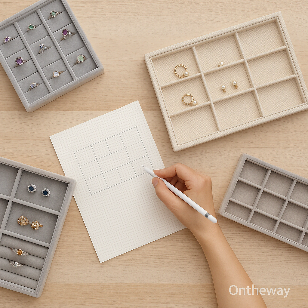 A photograph displays four custom jewelry organizer trays in velvet and linen materials arranged around a hand sketching tray layout on graph paper, showing ring slots, grid compartments, and multi-slot structures, with a subtle Ontheway watermark.