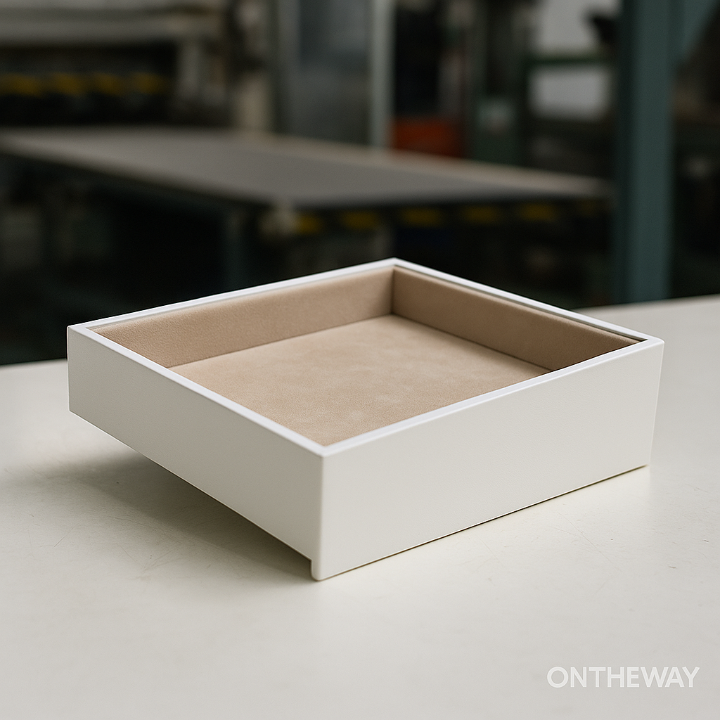 A white jewelry box tray with a soft beige velvet interior displayed on a worktable inside a manufacturing facility. The blurred industrial background shows real workshop equipment and production lines, highlighting the early assembly stage of professional jewelry trays. A subtle ONTHEWAY watermark appears in the bottom right.