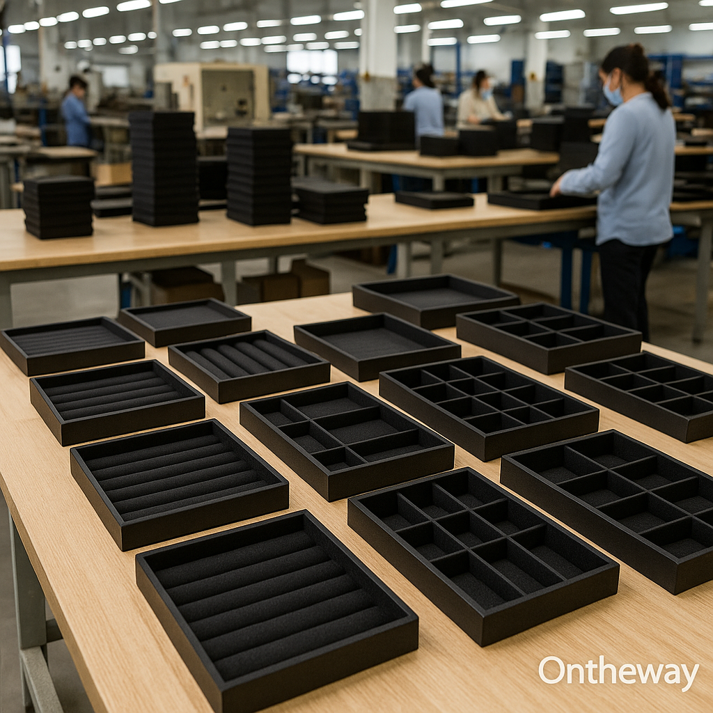 A daytime photograph of a jewelry tray factory showing workers assembling black velvet jewelry trays on large wooden worktables, with various tray styles neatly arranged in the foreground and a clean, organized production environment with an Ontheway watermark.