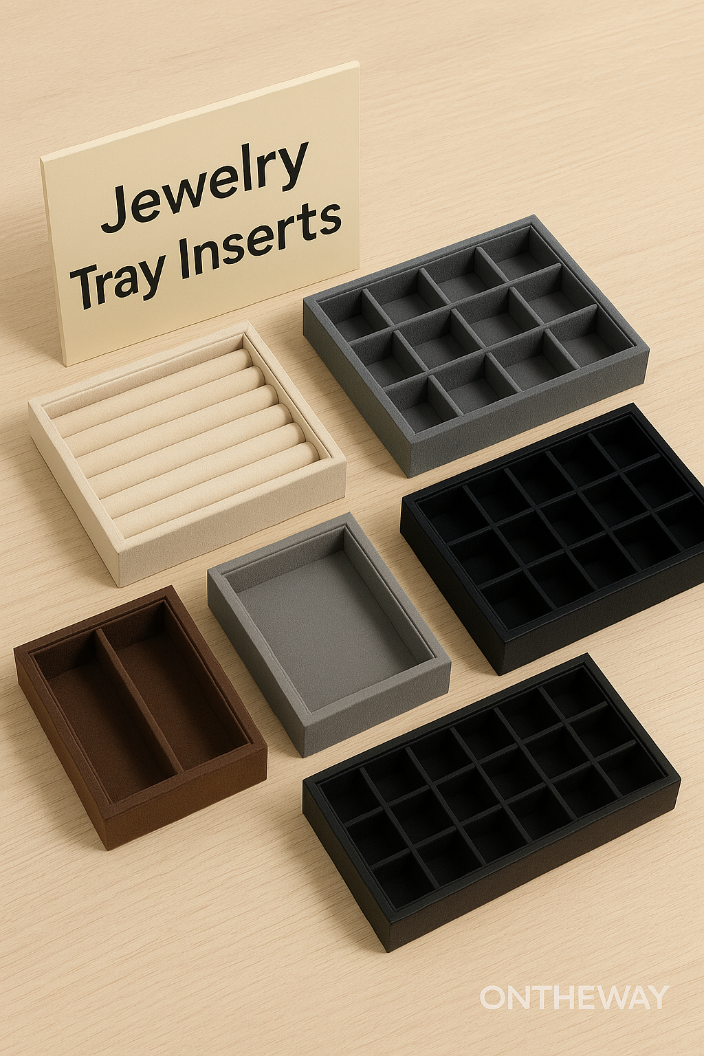 A digital photograph displays five jewelry tray inserts in various layouts, including ring slots, grids, deep compartments, and open sections. The inserts come in beige, gray, brown, and black materials and are arranged on a light wooden surface with a subtle Ontheway watermark.