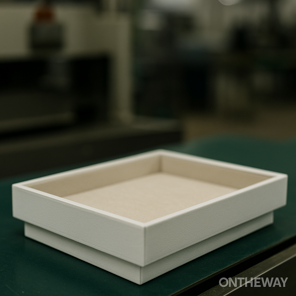 A white jewelry tray with a beige velvet interior placed on a green conveyor belt inside a manufacturing facility. The blurred background shows real workshop machinery and production equipment, capturing the surface-wrapping stage of jewelry tray manufacturing. A subtle ONTHEWAY watermark appears at the bottom right.