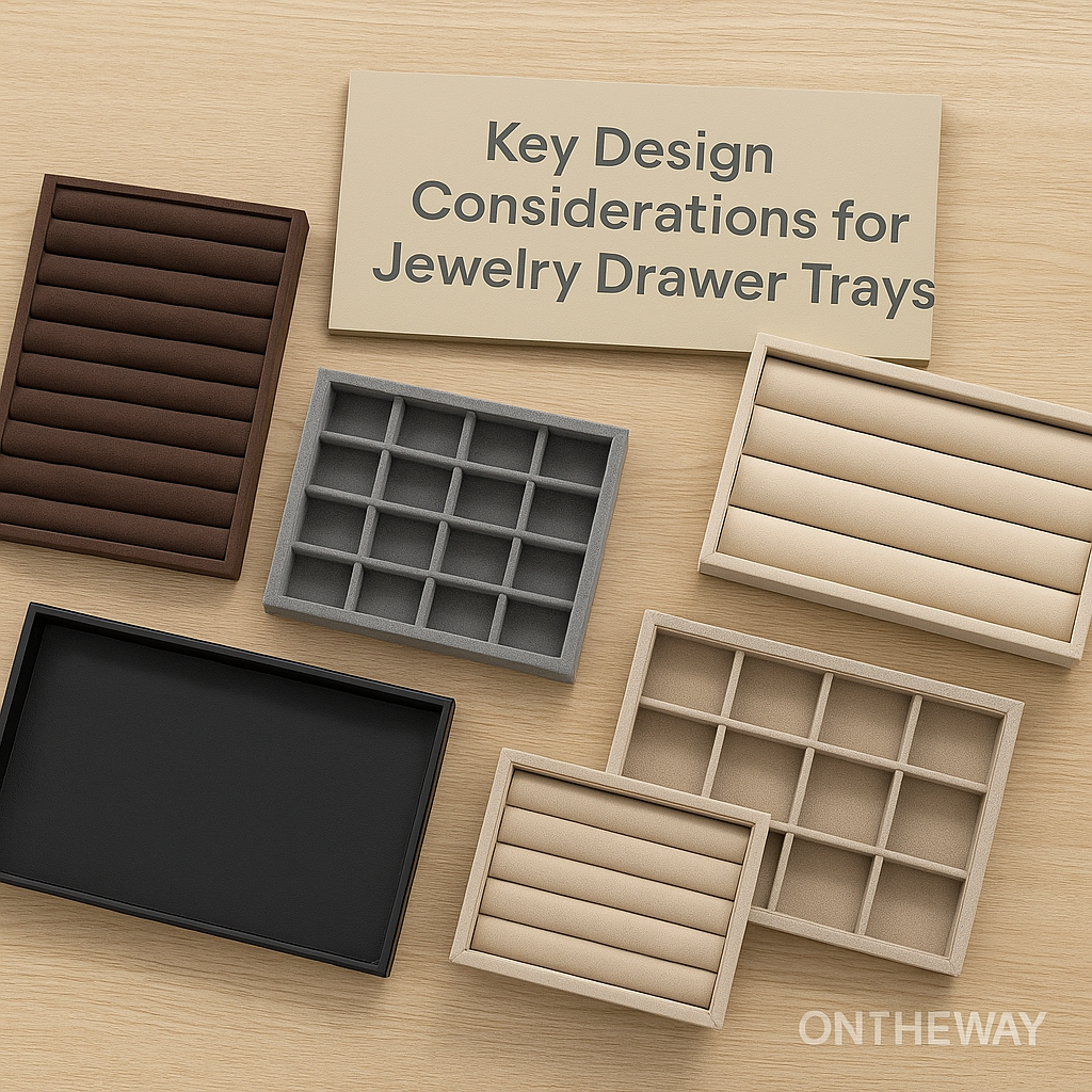 A photograph showcases five jewelry drawer trays with different layouts—including ring slots, deep sections, flat trays, and grid compartments—arranged on a light wooden surface beside a beige sign reading “Key Design Considerations for Jewelry Drawer Trays,” with a subtle Ontheway watermark.