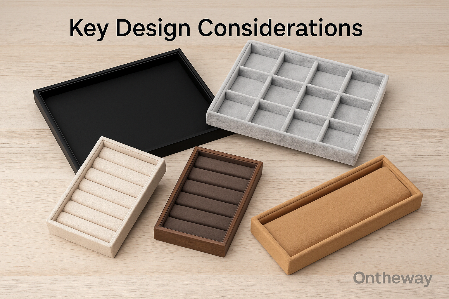 A photograph displays five jewelry display trays arranged on a light wooden surface, including a black flat tray, a gray velvet grid tray, a beige ring slot tray, a dark brown ring tray, and a tan bracelet tray, representing key design considerations in wholesale jewelry display trays. A subtle Ontheway watermark is visible.