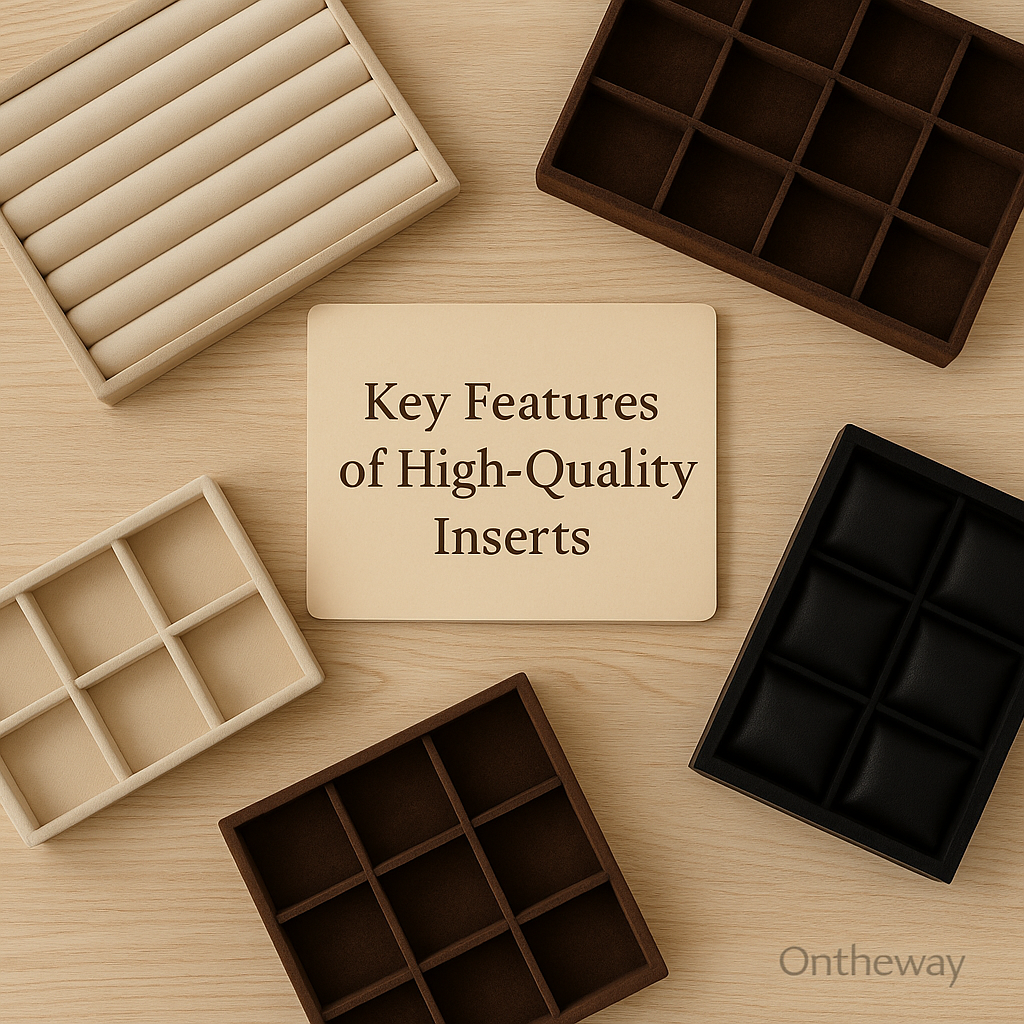 A digital photograph showcases four jewelry tray inserts in different layouts—including ring slots, grid compartments, and open sections—arranged around a beige card labeled “Key Features of High-Quality Inserts,” displayed on a light wooden surface with a subtle Ontheway watermark.
