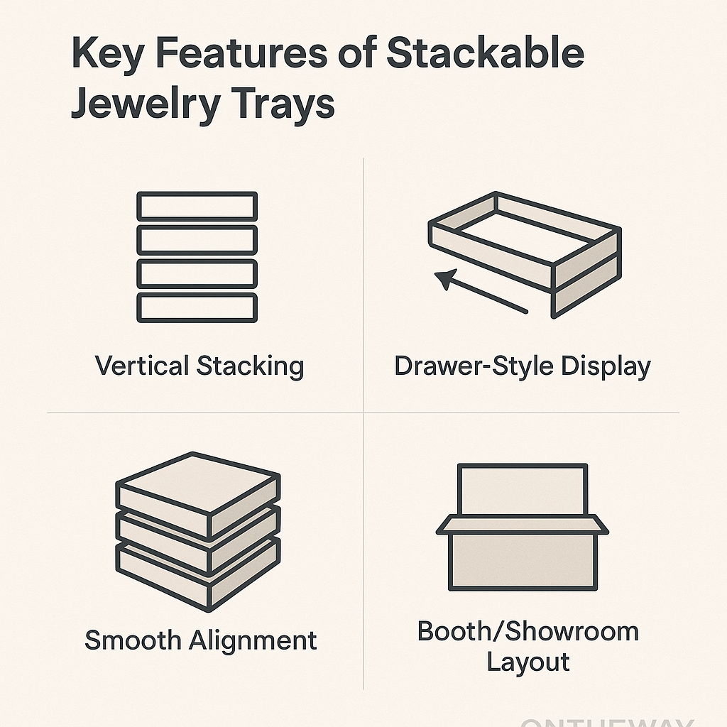 A minimalist infographic illustrating the key features of stackable jewelry trays, including vertical stacking, drawer-style display, smooth alignment, and booth or showroom layout compatibility. Designed for wholesalers and trade show exhibitors, with a subtle ONTHEWAY watermark in the bottom corner.