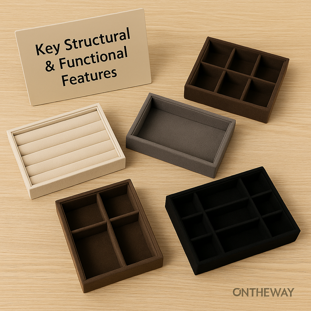 A photograph displays a collection of four jewelry tray inserts in different layouts—including ring slot inserts, open inserts, 4-grid inserts, and 6-grid inserts—arranged around a beige sign labeled “Key Structural & Functional Features,” placed on a light wooden surface with a subtle Ontheway watermark.