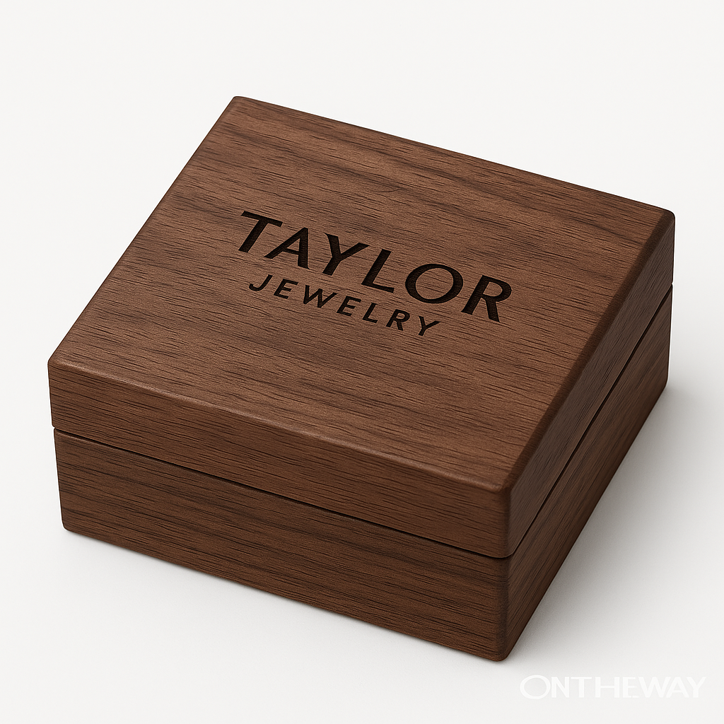Rectangular walnut wooden jewelry box featuring a laser-engraved logo on the lid, designed for premium custom branding and high-end jewelry packaging.