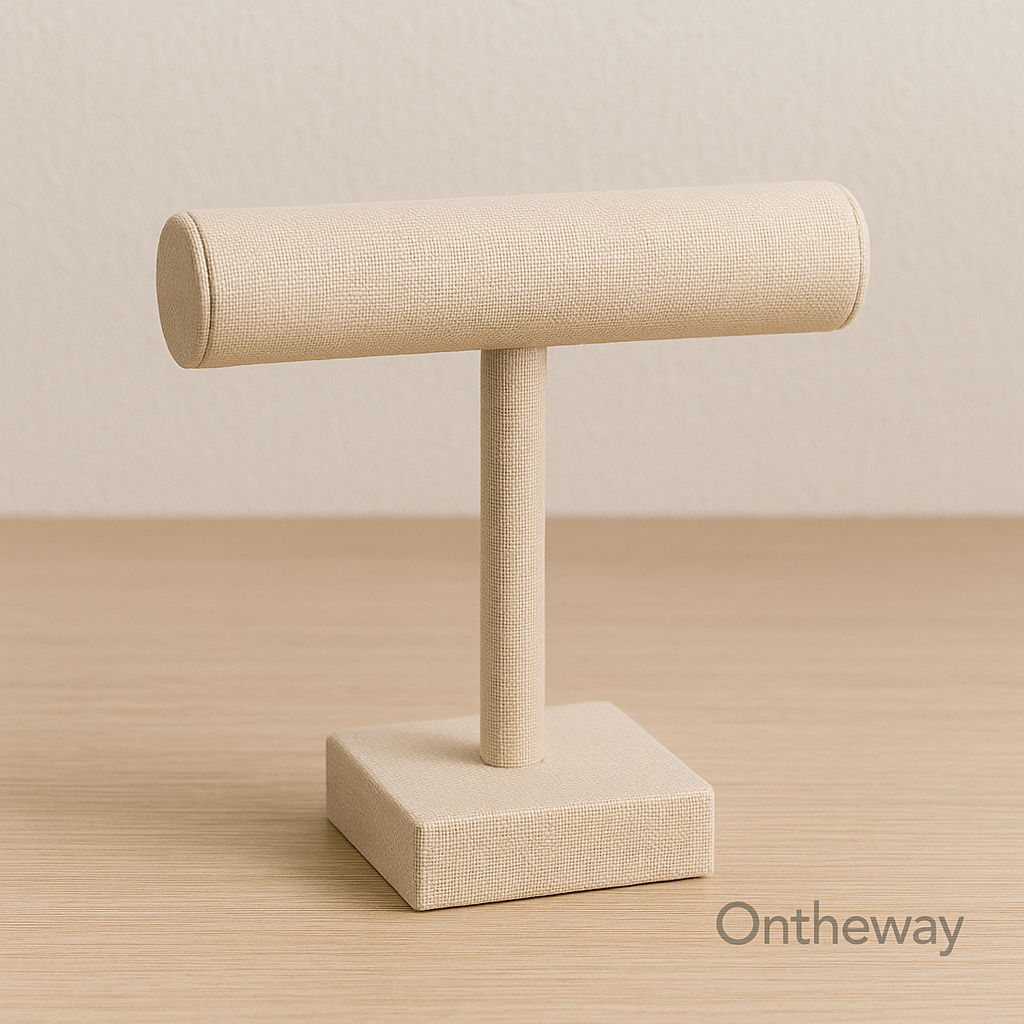 A beige linen T-shaped jewelry display stand featuring a cylindrical horizontal bar and square base, placed on a wooden surface against an off-white wall under soft lighting, showcasing minimalist design and fine craftsmanship with an Ontheway watermark.