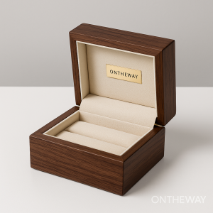 Luxury walnut wooden jewelry box with a beige velvet interior and gold logo plate, designed for high-end jewelry packaging and premium brand presentation.