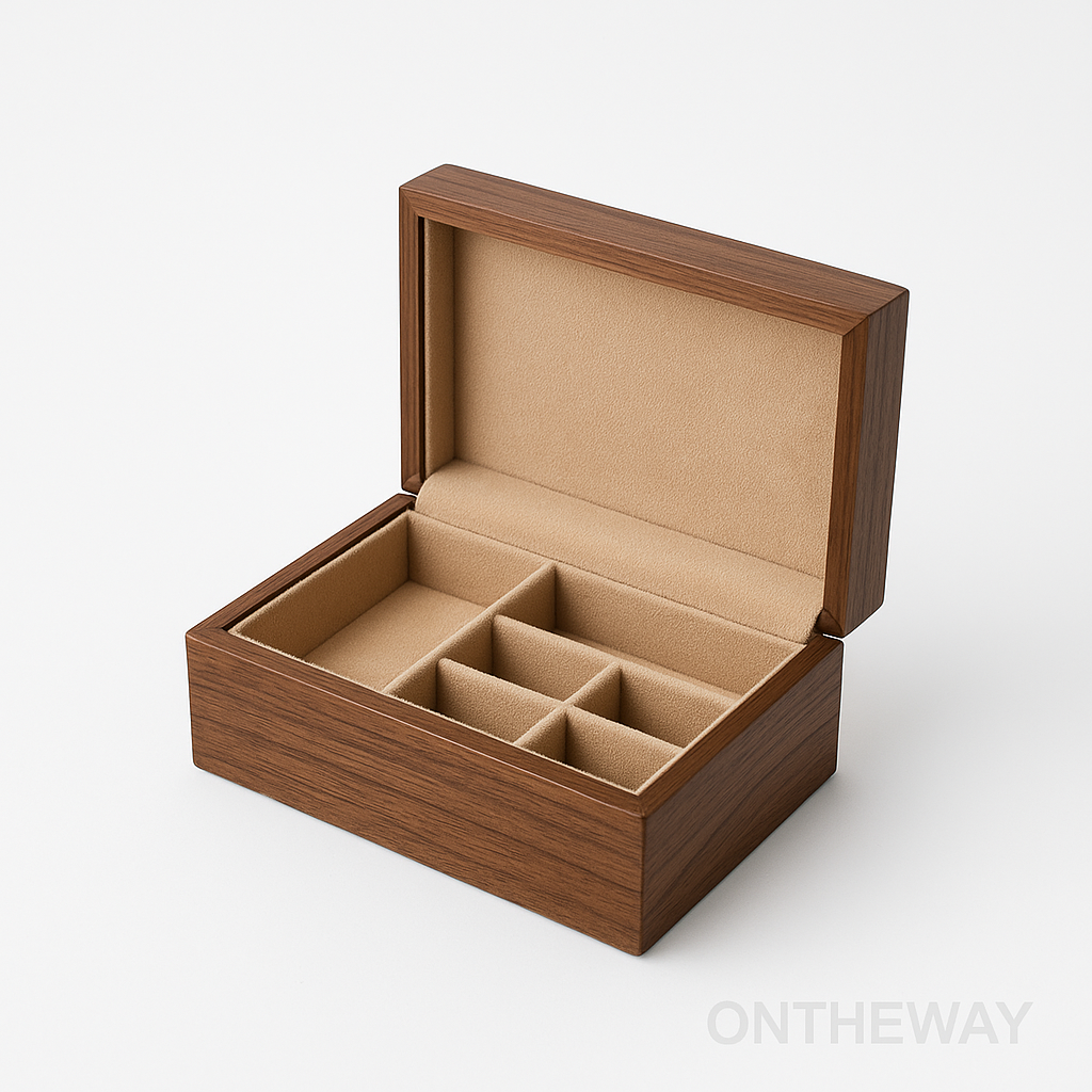 Open luxury walnut wooden jewelry box featuring a premium beige velvet multi-compartment interior, designed for high-end jewelry storage and custom OEM packaging by ONTHEWAY.