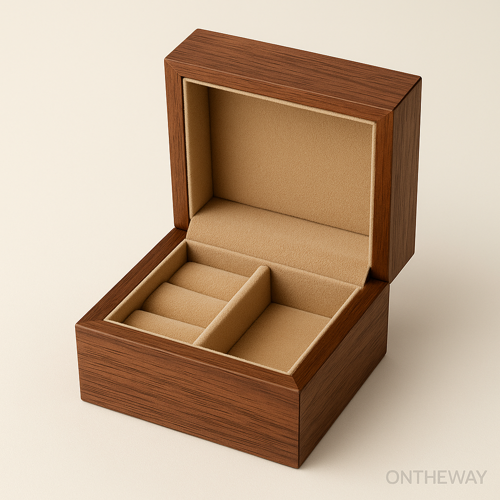 Luxury walnut wooden jewelry box with a soft beige velvet interior and multi-compartment design, crafted for high-end jewelry presentation and premium brand identity.
