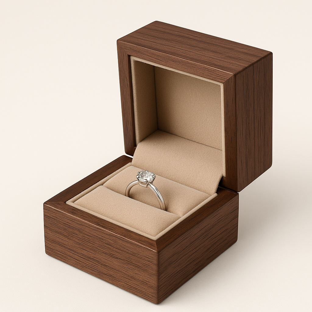 Luxury walnut wooden jewelry box with a beige velvet interior, designed for premium jewelry presentation and high-end packaging displays.