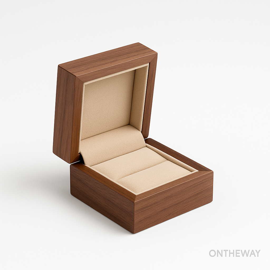 Luxury walnut wooden jewelry box with a beige velvet interior, designed for premium jewelry packaging and high-end brand presentation.