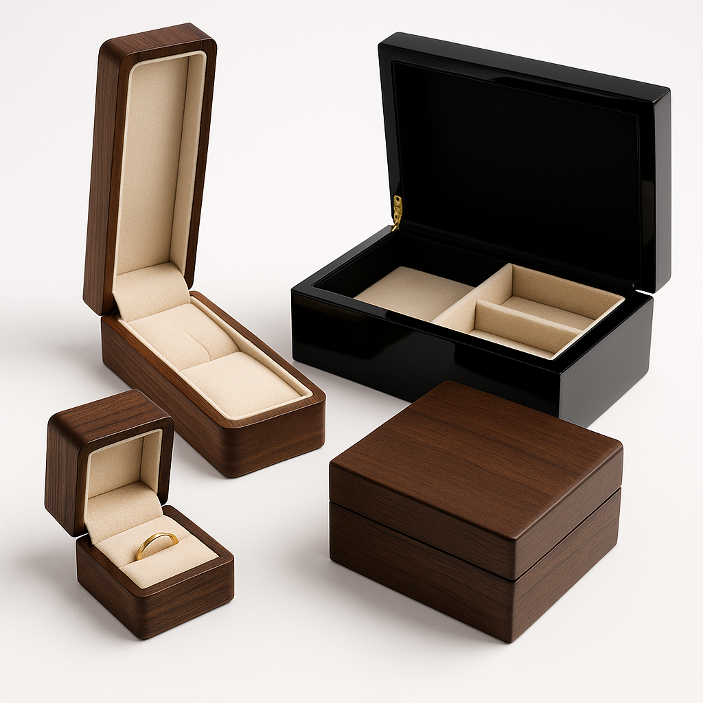 Four luxury wooden jewelry boxes in walnut and black finishes with beige velvet interiors, designed for rings, bracelets, necklace sets, and premium jewelry presentations.