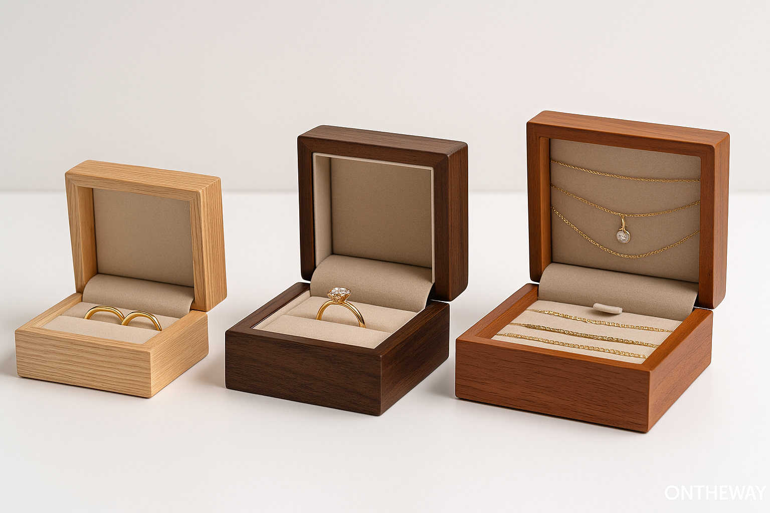 Luxury wooden jewelry boxes in light wood, walnut, and cherry finishes with velvet interiors, designed for premium ring and necklace packaging.