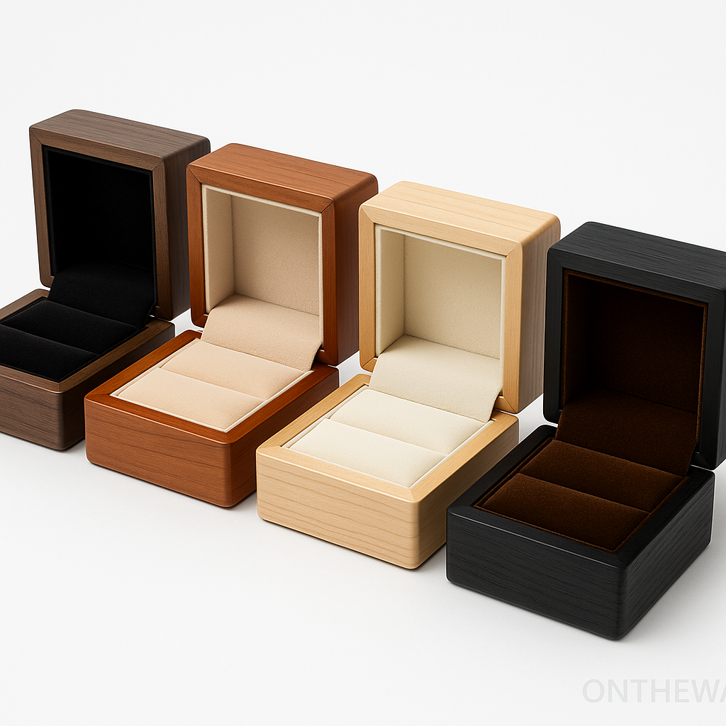 Set of luxury wooden jewelry boxes in walnut, cherry, maple, and black finishes, featuring plush velvet interiors and premium craftsmanship for high-end jewelry presentation.