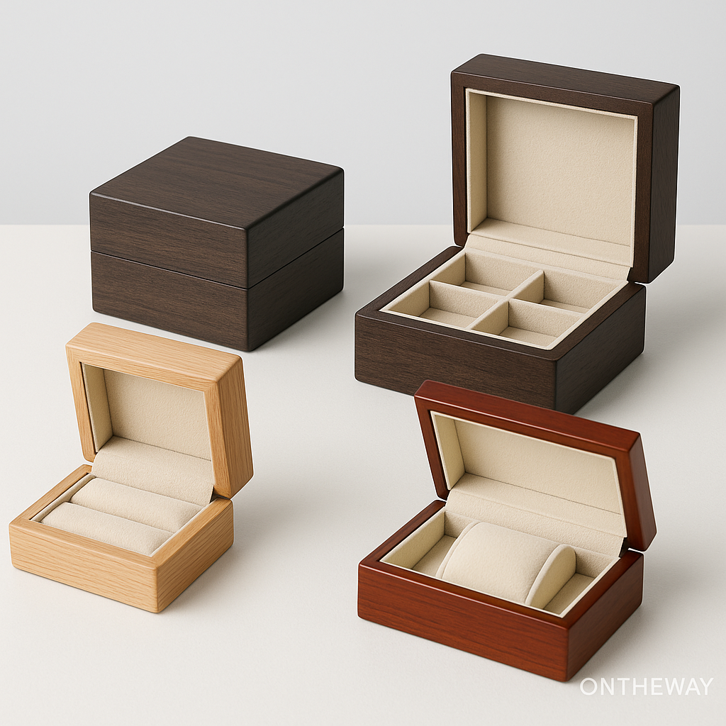 Set of luxury wooden jewelry boxes in walnut, cherry, and light wood finishes with velvet interiors, showcasing modern design trends for high-end jewelry packaging.
