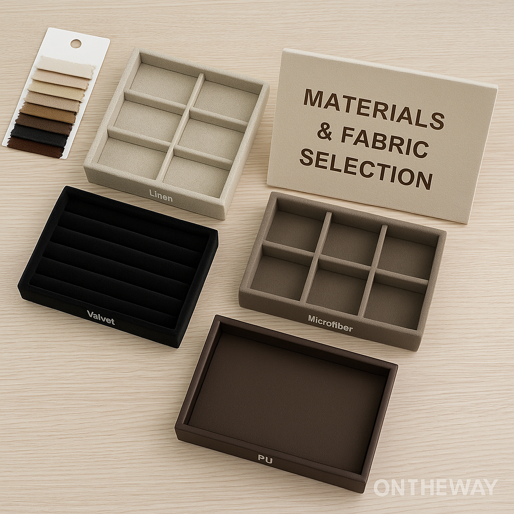 A photograph displays four jewelry tray inserts made from different materials—linen, velvet, microfiber, and PU leather—arranged neatly on a light wooden surface beside a fabric swatch card and a beige sign labeled “Materials & Fabric Selection,” with a subtle Ontheway watermark.