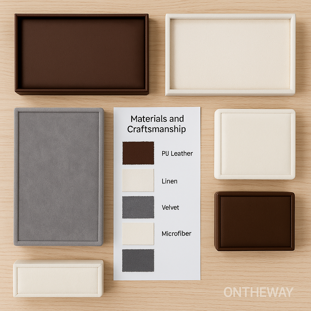 A high-resolution digital photograph presents four jewelry display trays in PU leather, linen, velvet, and microfiber arranged neatly on a light wood surface, accompanied by a material sample card labeled “Materials and Craftsmanship,” with a subtle Ontheway watermark.