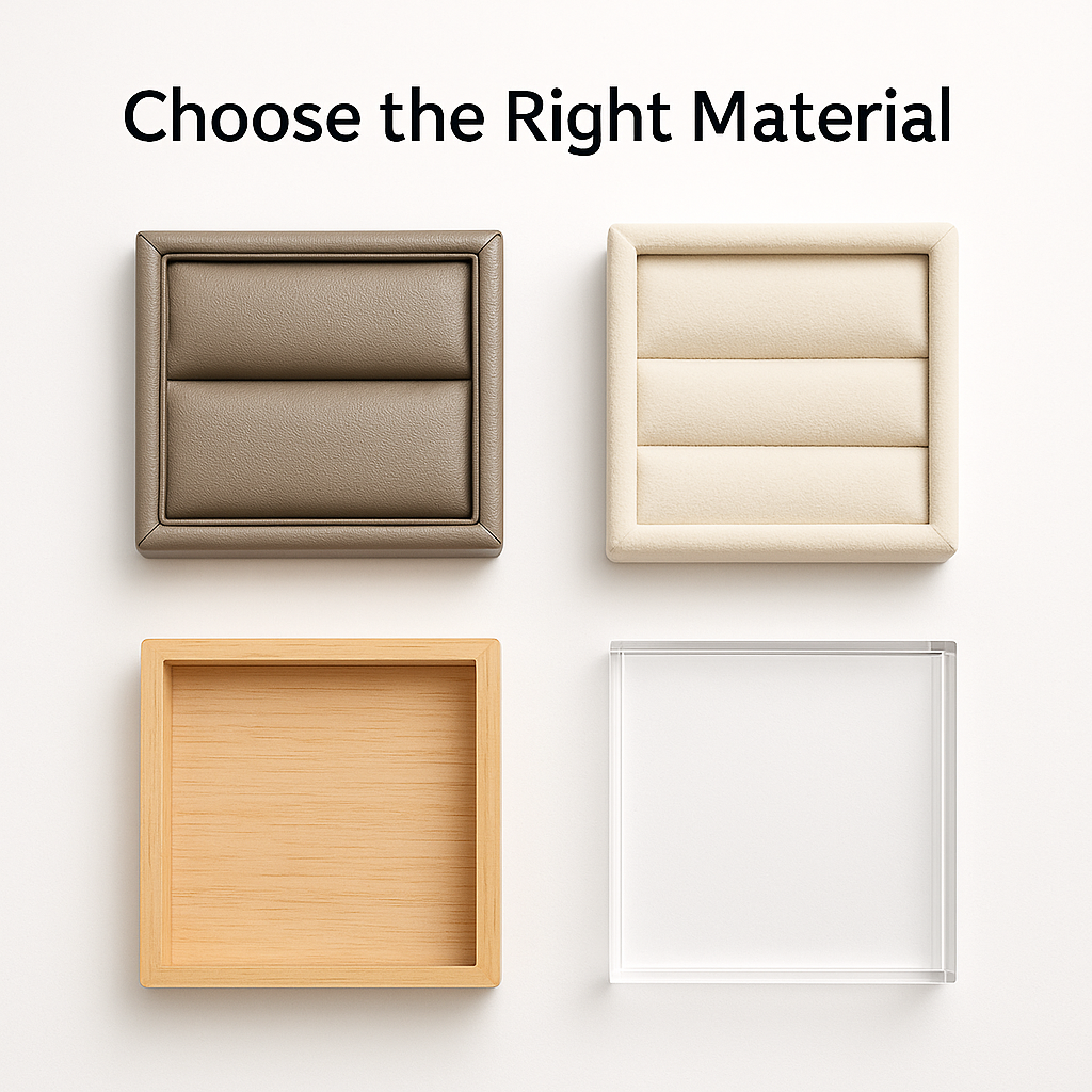 A selection of four jewelry tray materials—faux leather, velvet, natural wood, and clear acrylic—displayed in a clean grid layout on a white background. This visual highlights the different material choices available when creating a custom jewelry tray with logo, helping brands choose a style that matches their display needs.