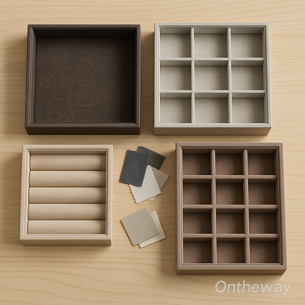 A photograph showcases four stackable jewelry trays made with different materials, including velvet, linen, and leatherette, arranged neatly in a two-by-two layout on a light wooden surface. Fabric swatches in gray, beige, and brown are placed in the center, and a subtle Ontheway watermark appears in the corner.