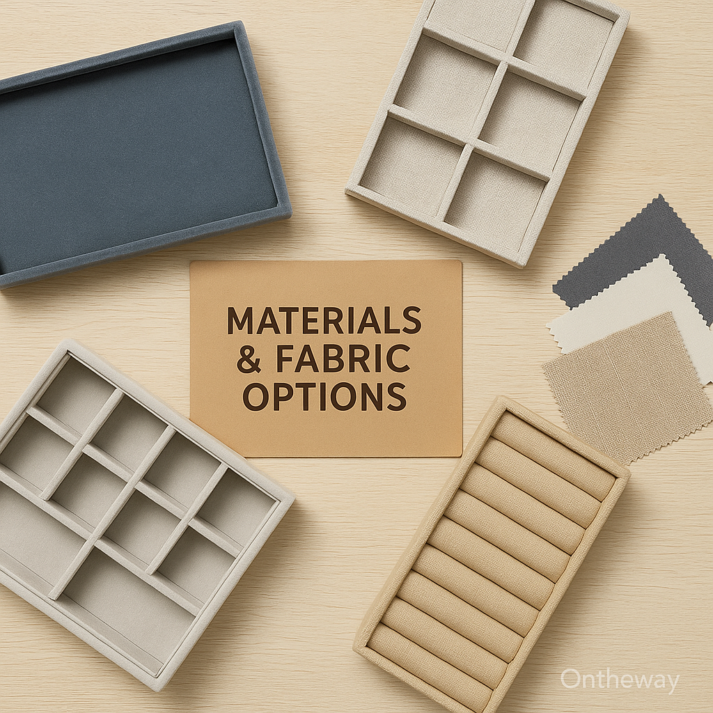 A photograph displays four jewelry organizer trays made with different materials and textures, including velvet, linen, and PU leather, arranged neatly around fabric swatches on a light wooden surface with a subtle Ontheway watermark.