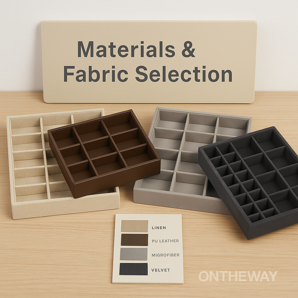 A high-resolution digital photograph displays four jewelry drawer trays made from linen, PU leather, microfiber, and velvet, arranged neatly on a light wooden surface with a fabric swatch card and a sign labeled “Materials & Fabric Selection,” featuring a subtle Ontheway watermark.