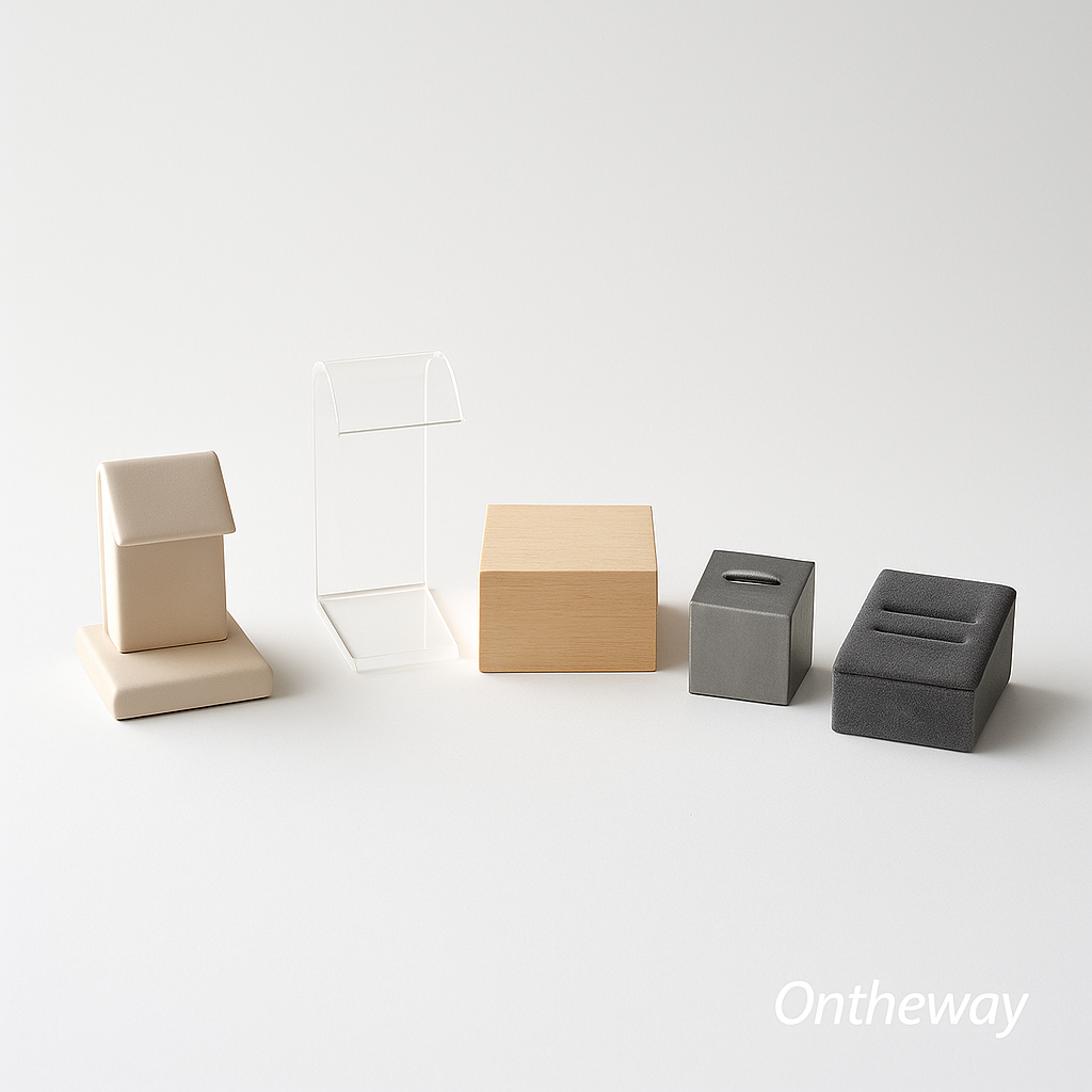 Five jewelry display components made from different materials — leatherette, acrylic, wood, metal, and velvet — arranged side by side on a white background with an Ontheway watermark, highlighting texture and craftsmanship differences.
