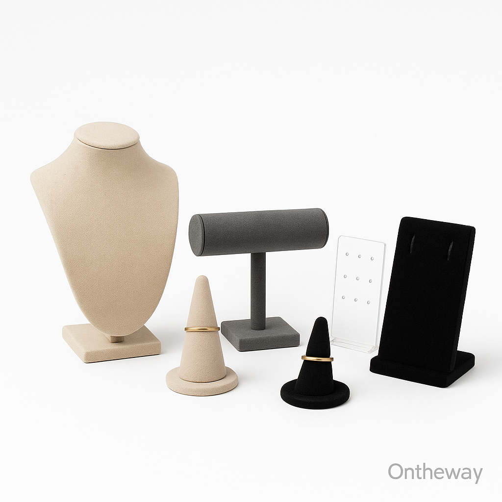 A digital photograph displays five stand jewelry displays including a beige linen necklace bust, a beige ring cone, a gray velvet bracelet T-bar, a clear acrylic earring stand, and a black velvet jewelry stand arranged on a white background with a subtle Ontheway watermark.