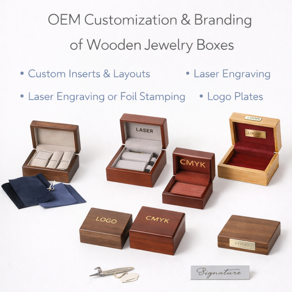 OEM wooden jewelry box customization including logo engraving, foil stamping, metal plates, and tailored interior layouts for B2B brands.