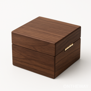 Square walnut wooden jewelry box with a matte finish and gold hinge, designed for OEM custom jewelry packaging and premium branding.