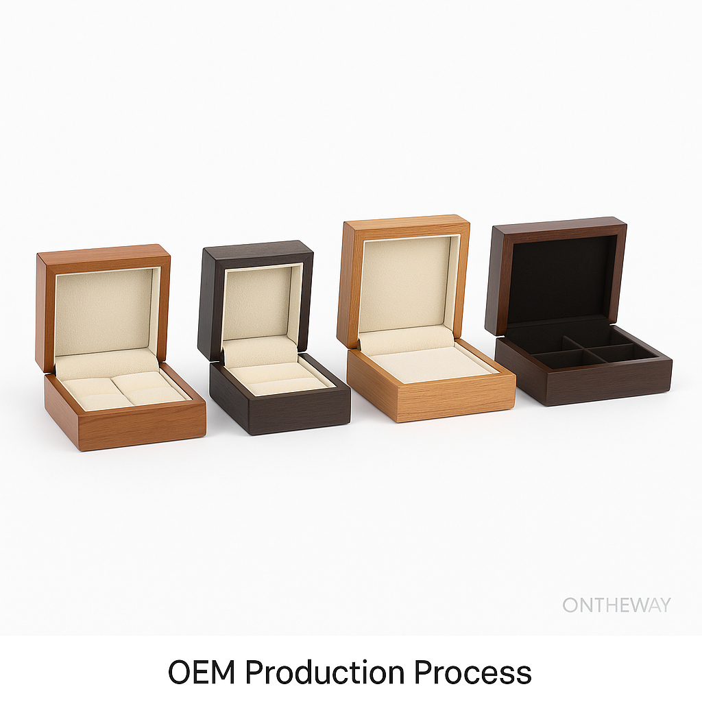 Four open wooden jewelry box samples in different wood finishes and interior layouts, showcasing OEM production capabilities and customizable structures for jewelry packaging.