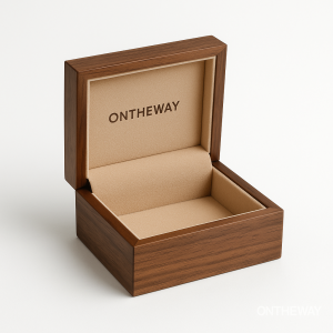 High-resolution walnut wooden jewelry box with beige velvet interior and engraved ONTHEWAY logo, designed for premium OEM jewelry packaging and custom branding applications.
