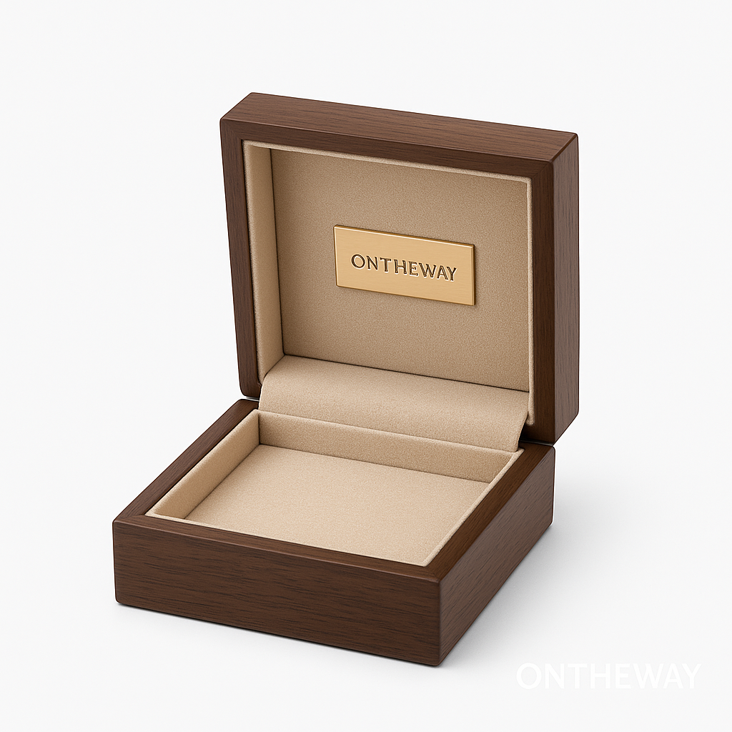 Luxury walnut wooden jewelry packaging box with a beige velvet interior and gold ONTHEWAY branding plate, designed for premium custom OEM jewelry packaging.