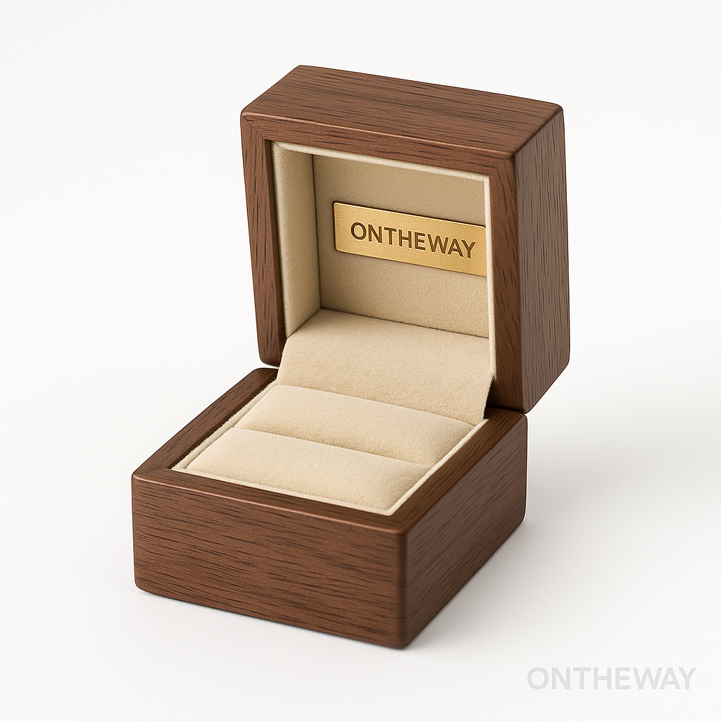 ONTHEWAY custom walnut wooden ring box with a beige velvet interior and engraved branding, designed for premium wholesale jewelry packaging and OEM customization.