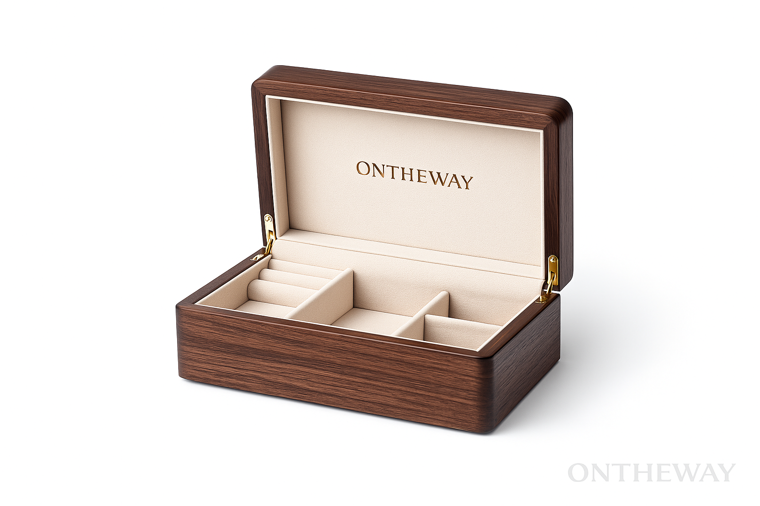 Custom walnut wooden jewelry box with beige velvet interior and logo branding by ONTHEWAY, designed for premium jewelry packaging and retail display.