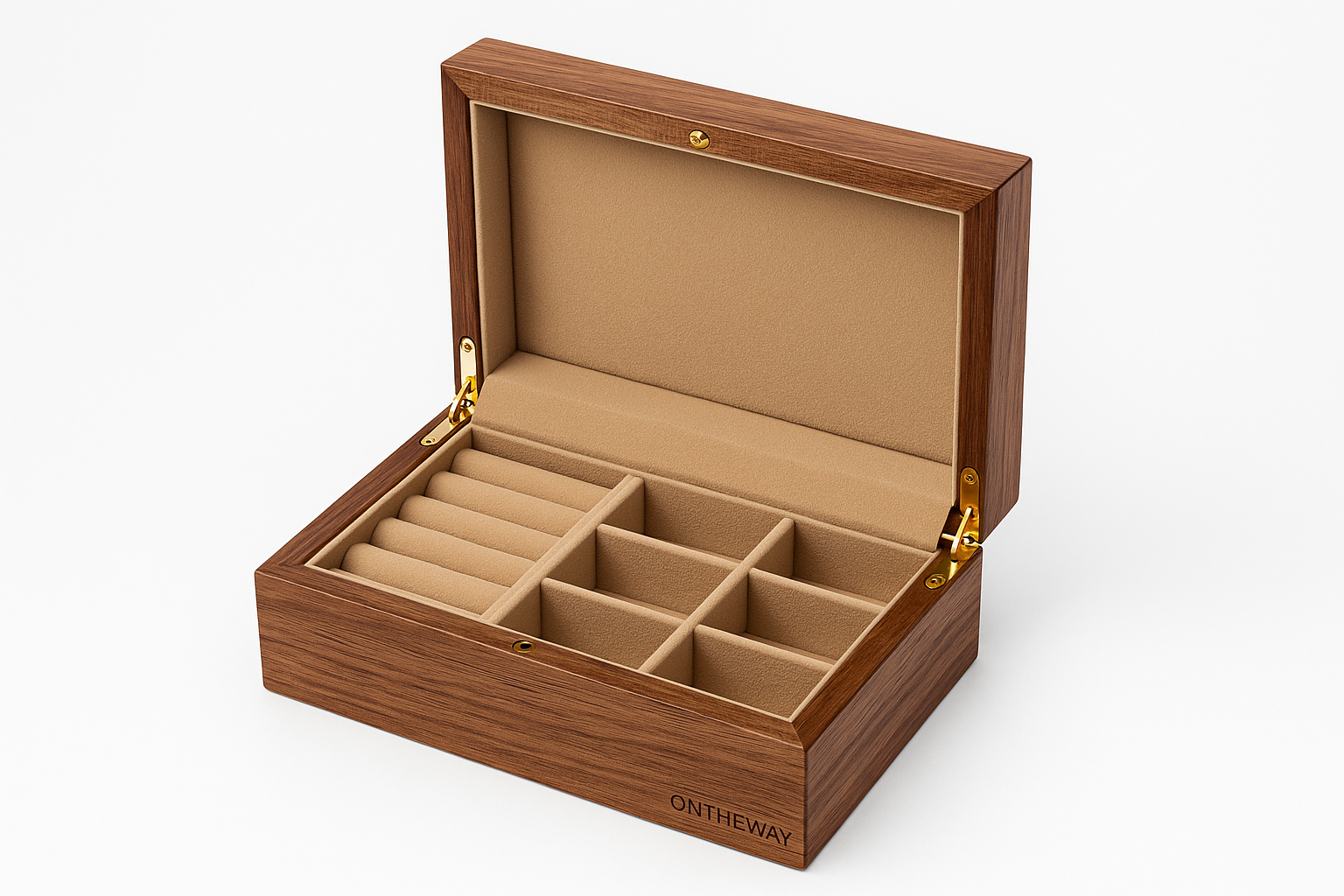 Luxury rectangular walnut wooden jewelry box with beige velvet multi-compartment interior, premium gold hardware, and ONTHEWAY branding, designed for high-end OEM jewelry packaging.