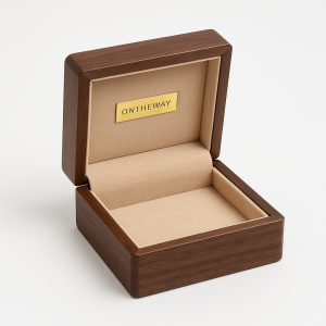 Luxury walnut wooden jewelry packaging box with a beige velvet interior and gold branding plate by ONTHEWAY, designed for premium jewelry presentation and custom OEM packaging.