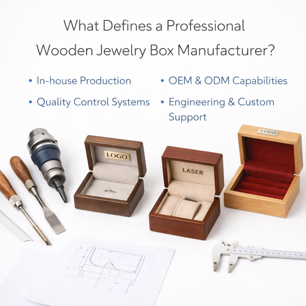 In-house wooden jewelry box manufacturing with OEM production, engineering support, and quality control for global jewelry brands.