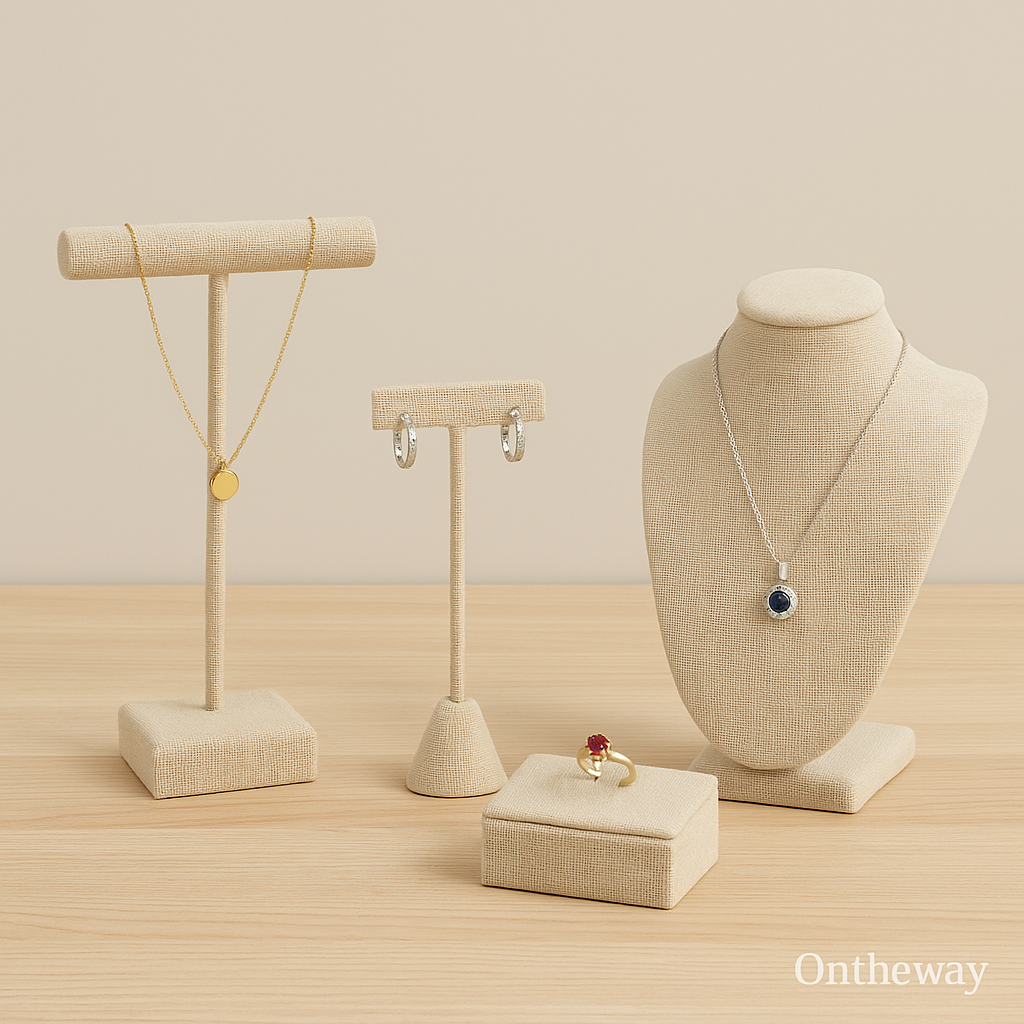 A digital photograph showcases five jewelry display stands for retail, including a beige linen necklace bust, a wooden necklace stand, a bronze T-bar bracelet holder, a beige ring cone, and a black multi-tier earring and ring stand, arranged neatly on a light background with a subtle Ontheway watermark.