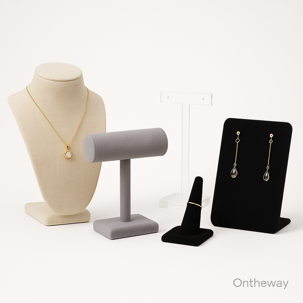 A digital photograph displays five jewelry display stands including a beige linen necklace bust, a gray velvet T-bar bracelet stand, an acrylic earring holder, a black velvet ring cone, and a black earring panel, arranged neatly on a white background with a subtle Ontheway watermark, showcasing retail-focused display solutions.