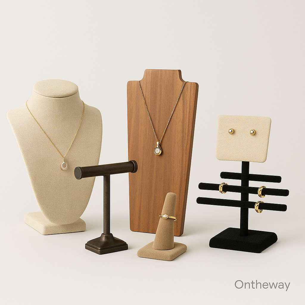 A digital photograph displays four beige linen jewelry display stands including a T-bar necklace stand, an earring holder, a necklace bust, and a ring box with a gold ring, all arranged neatly on a light wooden surface under soft warm lighting with a subtle Ontheway watermark, showcasing coordinated retail presentation.